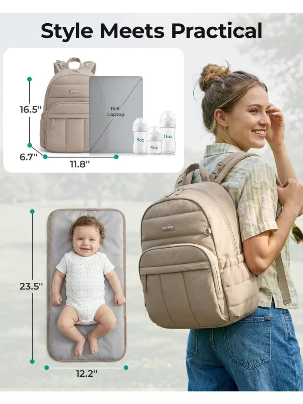 Stylish Multi-Pocket Diaper Bag Backpack with Waterproof Changing Pad